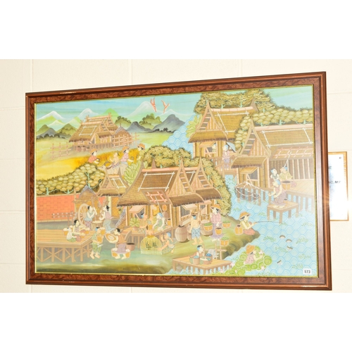 573 - AN ASIAN PAINTING DEPICTING LIFE IN A VILLAGE, figures in traditional dress are engaged in farming, ... 