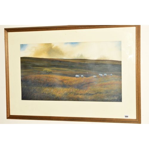 584 - MICHAEL MOSS (BRITISH 1951) 'AUTUMN DAY, DARTMOOR' sheep grazing on open moorland, signed bottom rig... 