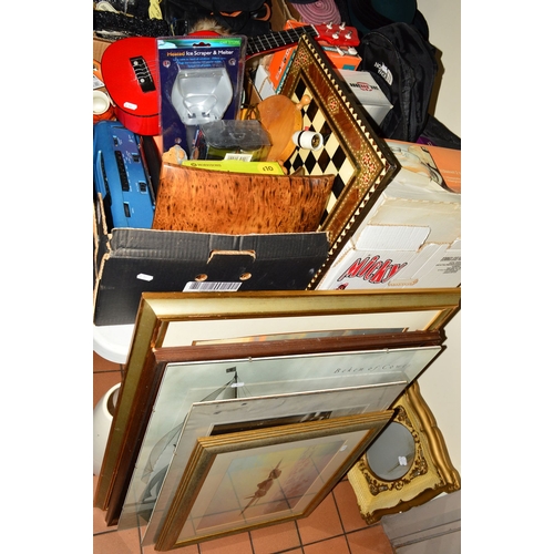 585 - TWO BOXES AND LOOSE SUNDRY ITEMS, to include a Yamaha FG-25 Ukulele, Black & Decker sander, Poole Po... 