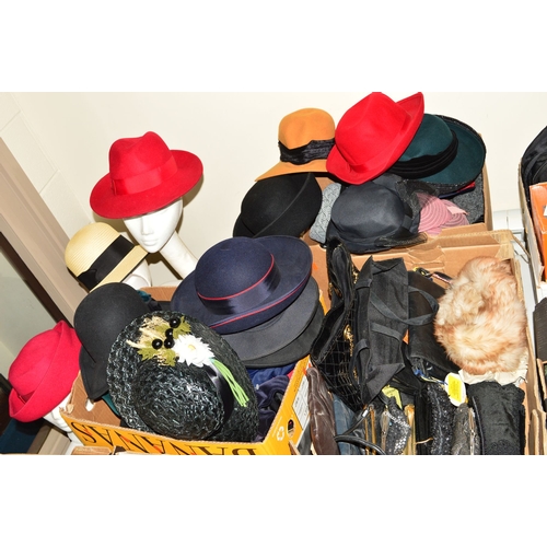 586 - THREE BOXES OF LADIES HATS to include Laura Ashley, Kangol, Principals and Viyella, etc, together wi... 