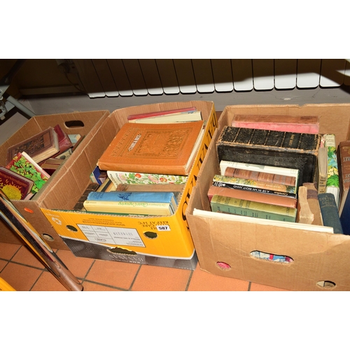 587 - THREE BOXES OF VARIOUS BOOKS, to include 'Holy Bible', Atkinson, Capt.G.F, 'Curry & Rice......' (som... 