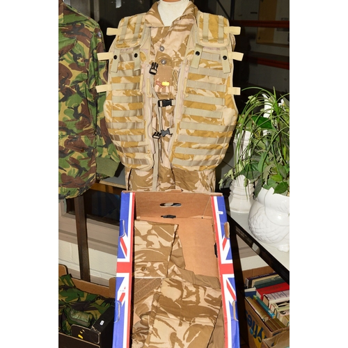 590 - THREE ITEMS OF DESERT DPM UNIFORM, to include combat shirt desert under body armour style size XL, d... 