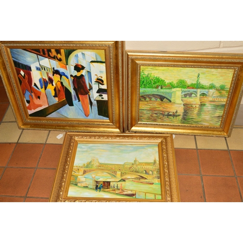 608 - THREE MODERN OIL ON CANVAS PAINTINGS IN AN IMPRESSIONIST STYLE, unsigned, gilt framed, approximate l... 