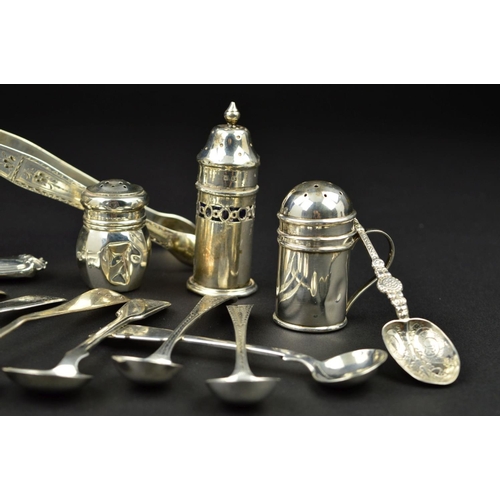 100 - A PAIR OF GEORGE III SILVER BRIGHT CUT HESTER BATEMAN SUGAR TONGS, engraved initials, monarch's head... 