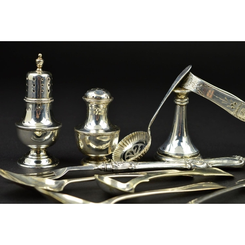 100 - A PAIR OF GEORGE III SILVER BRIGHT CUT HESTER BATEMAN SUGAR TONGS, engraved initials, monarch's head... 