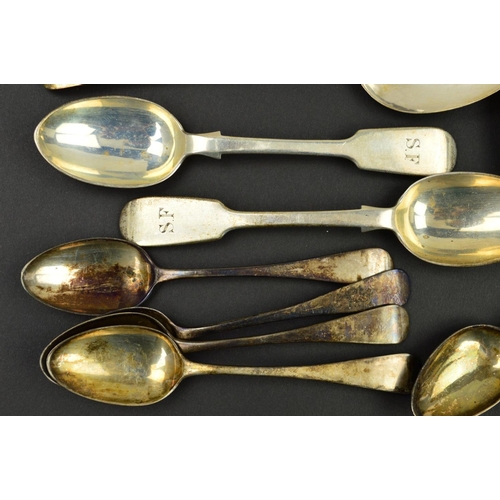 106 - A PARCEL OF LATE GEORGIAN AND VICTORIAN SILVER FLATWARE, Old English and Fiddle patterns, including ... 