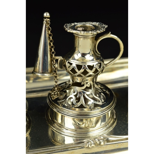 112 - A GEORGE III SILVER SHAPED RECTANGULAR INKSTAND, fitted with a central taperstick with removable sco... 