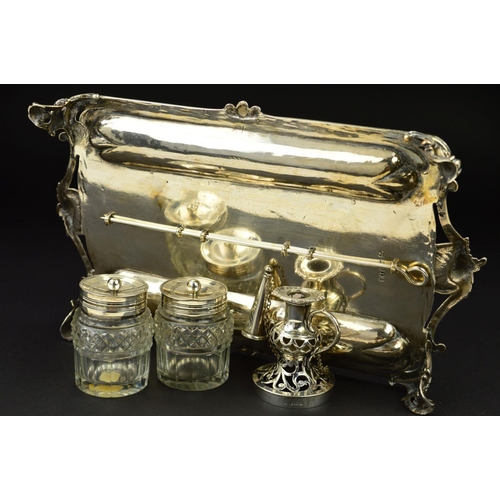 112 - A GEORGE III SILVER SHAPED RECTANGULAR INKSTAND, fitted with a central taperstick with removable sco... 