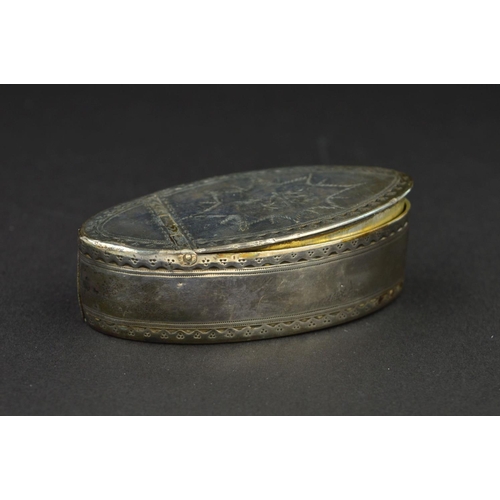 116 - A GEORGE III IRISH SILVER SNUFF BOX, of navette form, bright cut borders to cover and sides, the hin... 