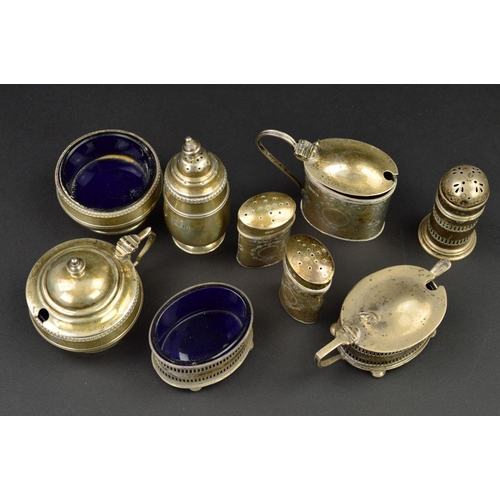 124 - THREE SETS OF SILVER THREE PIECE CRUET SETS, two of oval form and one circular, the circular and pie... 