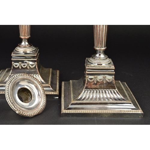 134 - A PAIR OF LATE 19TH CENTURY NEO-CLASSICAL STYLE SHEFFIELD PLATE CANDLESTICKS, detachable sconces, ta... 