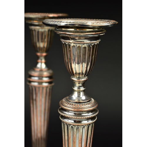 134 - A PAIR OF LATE 19TH CENTURY NEO-CLASSICAL STYLE SHEFFIELD PLATE CANDLESTICKS, detachable sconces, ta... 