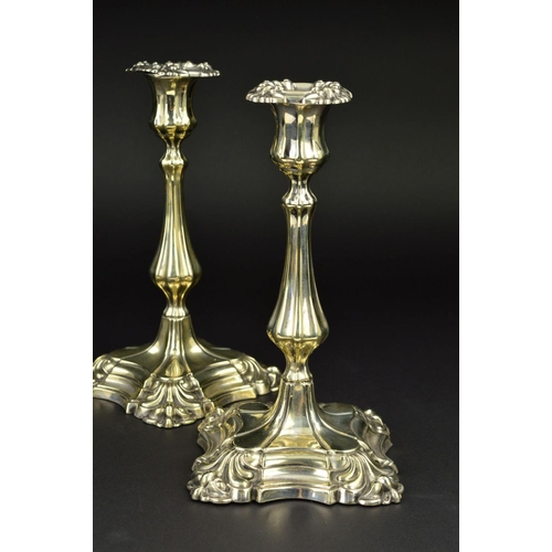 134 - A PAIR OF LATE 19TH CENTURY NEO-CLASSICAL STYLE SHEFFIELD PLATE CANDLESTICKS, detachable sconces, ta... 