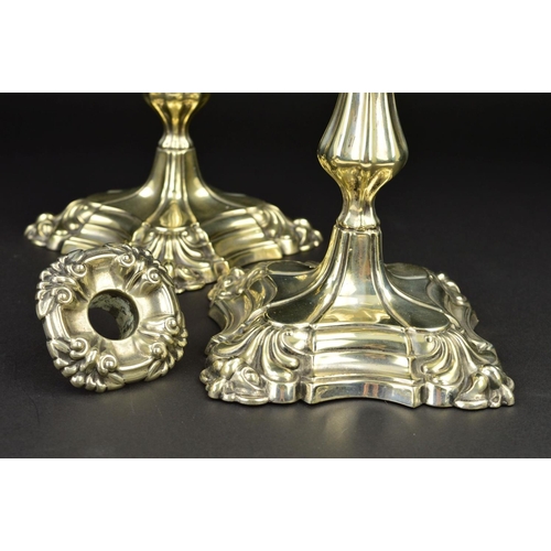 134 - A PAIR OF LATE 19TH CENTURY NEO-CLASSICAL STYLE SHEFFIELD PLATE CANDLESTICKS, detachable sconces, ta... 