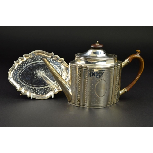 138 - A GEORGE III SILVER TEAPOT AND STAND, of serpentine outline, dome oval hinged cover with fruitwood f... 