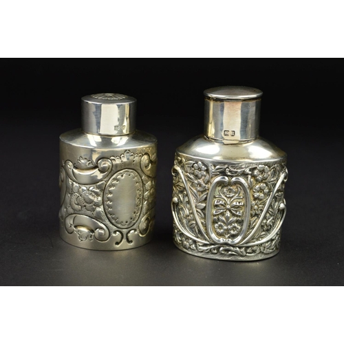 144 - TWO LATE VICTORIAN / EDWARDIAN SILVER TEA CADDIES, the Victorian example with plain circular pull of... 