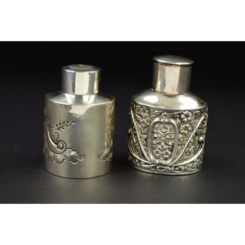 144 - TWO LATE VICTORIAN / EDWARDIAN SILVER TEA CADDIES, the Victorian example with plain circular pull of... 