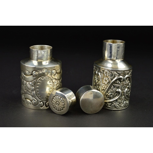 144 - TWO LATE VICTORIAN / EDWARDIAN SILVER TEA CADDIES, the Victorian example with plain circular pull of... 