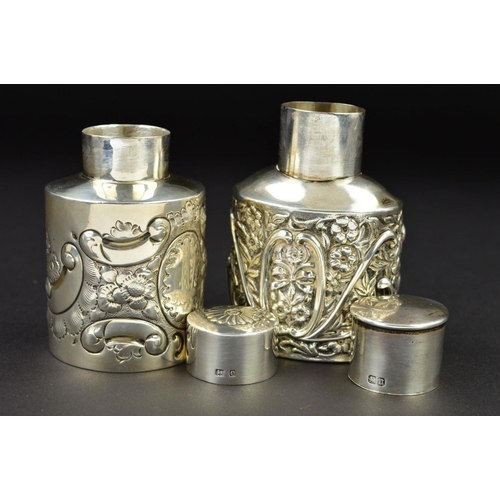 144 - TWO LATE VICTORIAN / EDWARDIAN SILVER TEA CADDIES, the Victorian example with plain circular pull of... 