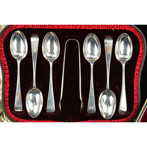 145 - A LATE VICTORIAN CASED SET OF SIX SILVER OLD ENGLISH PATTERN TEASPOONS AND MATCHING SUGAR TONGS, eng... 