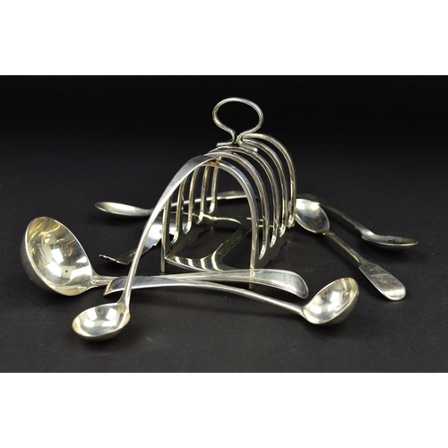 146 - A GEORGE VI SILVER FIVE BAR TOAST RACK, of arched form on a rectangular base, makers Walker & Hall, ... 