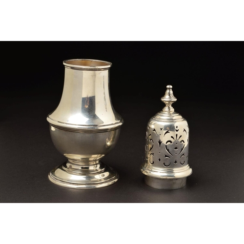 147 - A GEORGE VI SILVER SUGAR CASTER, of baluster form, knop finial above domed pull off cover with folia... 