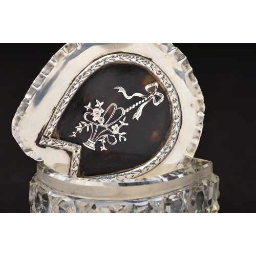 152 - AN EDWARDIAN HORSESHOE SHAPED SILVER TOPPED GLASS TRINKET BOX, the pull off cover with crimped rim a... 