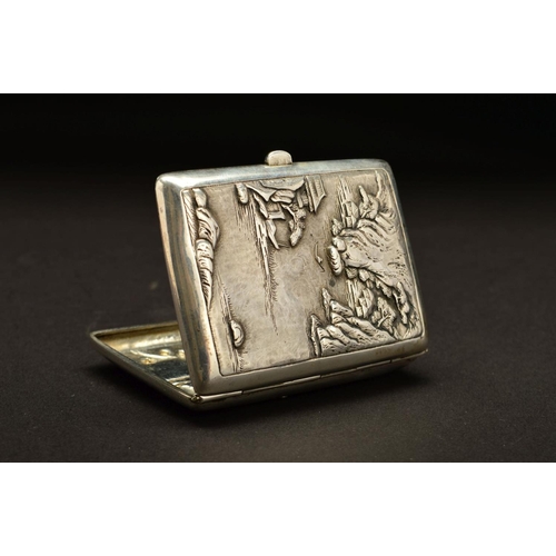 155 - AN EARLY 20TH CENTURY CHINESE SILVER CIGARETTE CASE, of rectangular form, the front embossed with bi... 