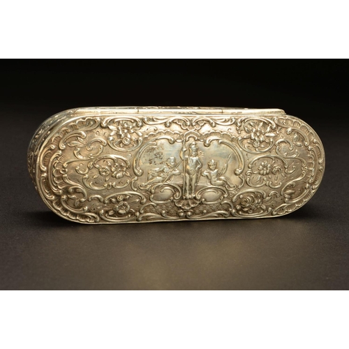 156 - A 19TH CENTURY CONTINENTAL SILVER TABLE BOX, of oval form, probably Dutch, repousse decorated to the... 