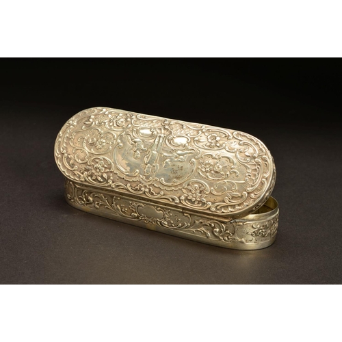 156 - A 19TH CENTURY CONTINENTAL SILVER TABLE BOX, of oval form, probably Dutch, repousse decorated to the... 