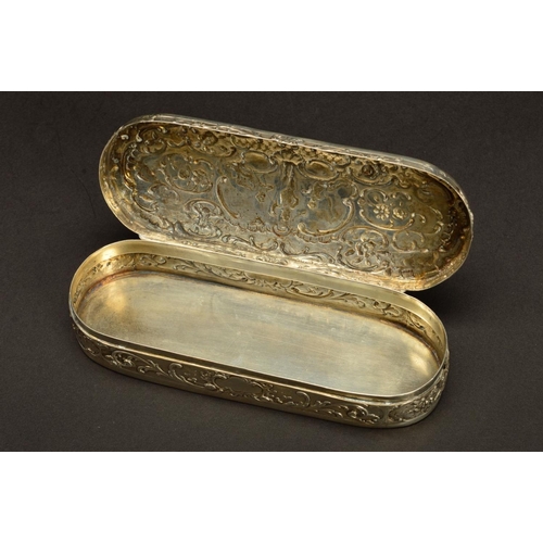 156 - A 19TH CENTURY CONTINENTAL SILVER TABLE BOX, of oval form, probably Dutch, repousse decorated to the... 