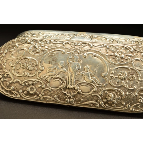 156 - A 19TH CENTURY CONTINENTAL SILVER TABLE BOX, of oval form, probably Dutch, repousse decorated to the... 