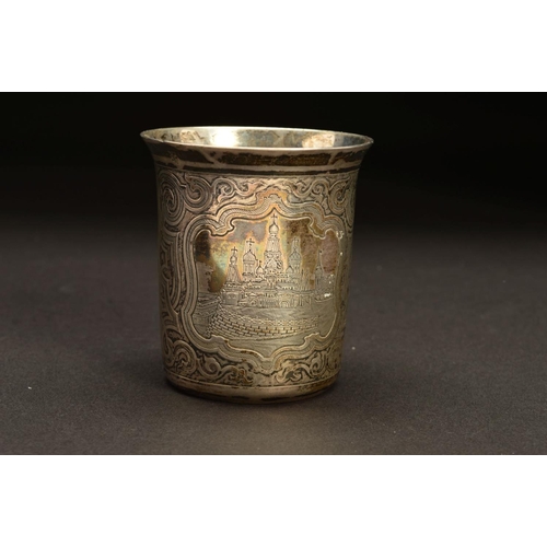 157 - A LATE 19TH CENTURY RUSSIAN SILVER BEAKER, of cylindrical form, flared rim, engraved with two vignet... 