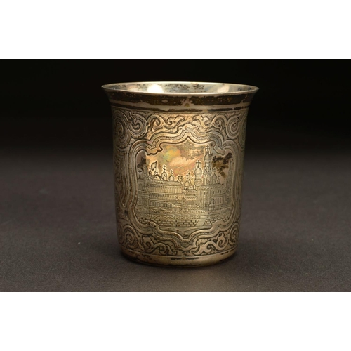 157 - A LATE 19TH CENTURY RUSSIAN SILVER BEAKER, of cylindrical form, flared rim, engraved with two vignet... 