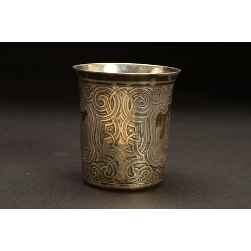 157 - A LATE 19TH CENTURY RUSSIAN SILVER BEAKER, of cylindrical form, flared rim, engraved with two vignet... 