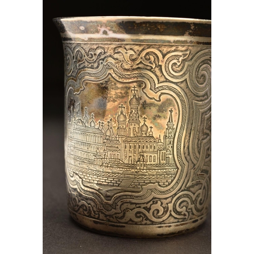 157 - A LATE 19TH CENTURY RUSSIAN SILVER BEAKER, of cylindrical form, flared rim, engraved with two vignet... 