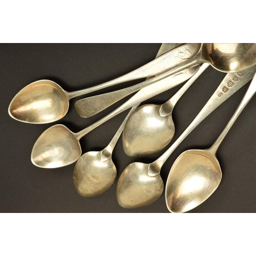 159 - A SET OF SIX GEORGE III SCOTTISH SILVER CELTIC POINT DESSERT SPOONS, all engraved with an initial, t... 