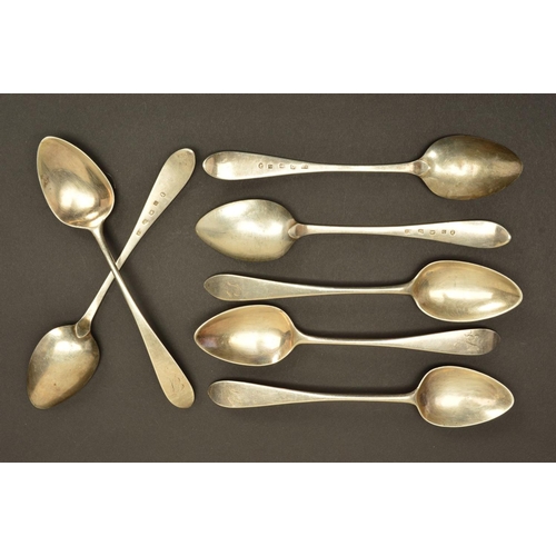 159 - A SET OF SIX GEORGE III SCOTTISH SILVER CELTIC POINT DESSERT SPOONS, all engraved with an initial, t... 