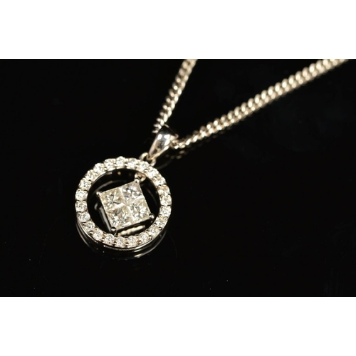 16 - A MODERN 18CT WHITE GOLD DIAMOND PENDANT, comprised of four Princess cut diamonds tension set, withi... 