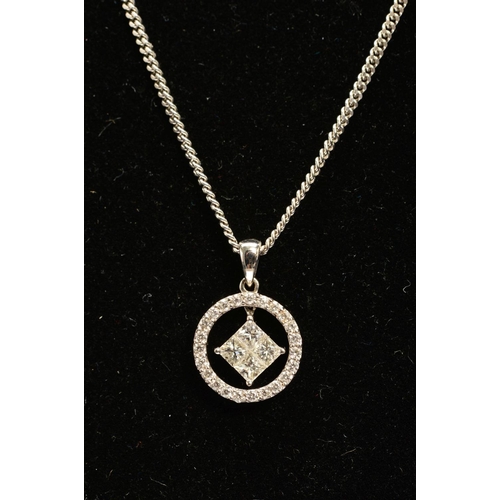 16 - A MODERN 18CT WHITE GOLD DIAMOND PENDANT, comprised of four Princess cut diamonds tension set, withi... 