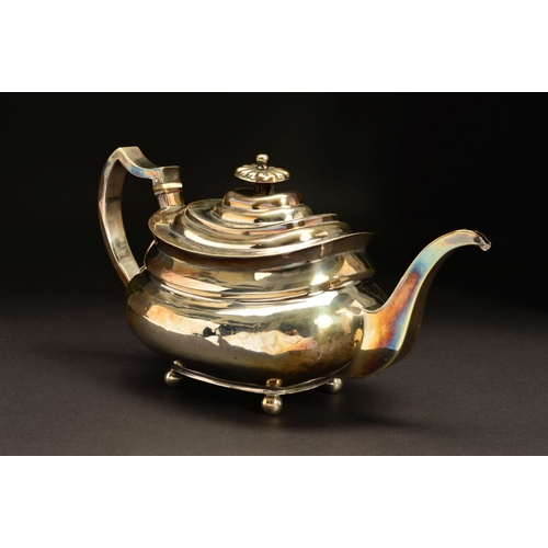 161 - A GEORGE III SILVER TEAPOT, of bellied oblong form, foliate finial lacking insulator collar, engrave... 