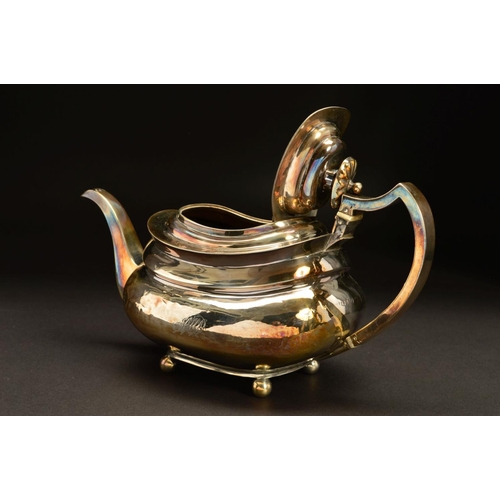 161 - A GEORGE III SILVER TEAPOT, of bellied oblong form, foliate finial lacking insulator collar, engrave... 