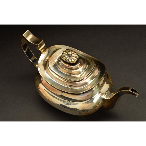 161 - A GEORGE III SILVER TEAPOT, of bellied oblong form, foliate finial lacking insulator collar, engrave... 