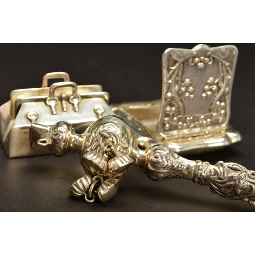 168 - A MODERN SILVER BABY'S RATTLE, of late Victorian style, embossed decoration, with bells and whistle,... 