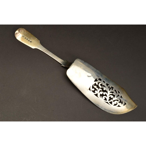 171 - A VICTORIAN SILVER FIDDLE PATTERN FISH SLICE, engraved crest, foliate pierced blade, split across on... 