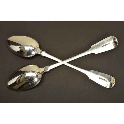 173 - A PAIR OF WILLIAM IV SILVER FIDDLE PATTERN BASTING SPOONS, engraved boar's head crest, maker William... 