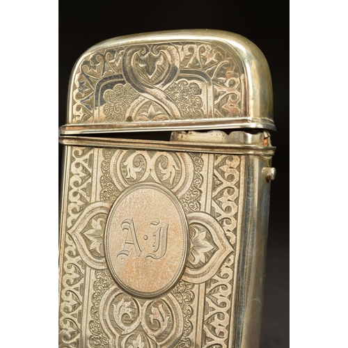 174 - A VICTORIAN SILVER CIGAR CASE, of rounded rectangular form, engraved decoration with raised oval car... 