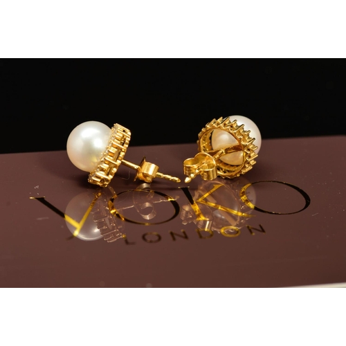 18 - A MODERN PAIR OF 18CT GOLD YOKO CULTURED FRESH WATER PEARL AND DIAMOND STUD EARRINGS, together with ... 