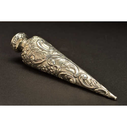 182 - A LATE VICTORIAN SILVER SCENT FLASK, of flattened conical form, foliate embossed decoration througho... 