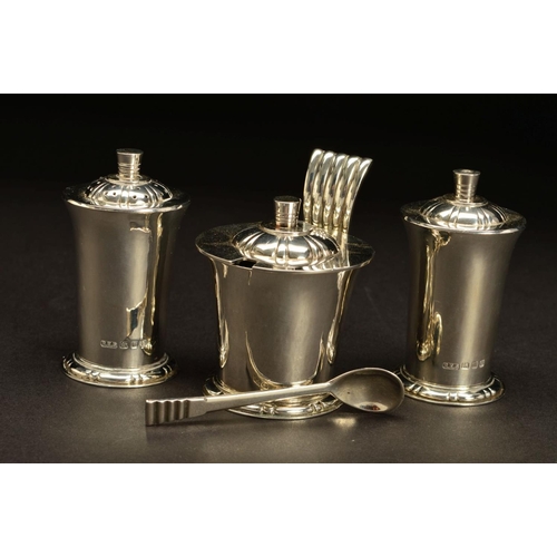 183 - AN ELIZABETH II SILVER FOUR PIECE CRUET SET BY ROBERT EDGAR STONE, of conical form, with domed cover... 